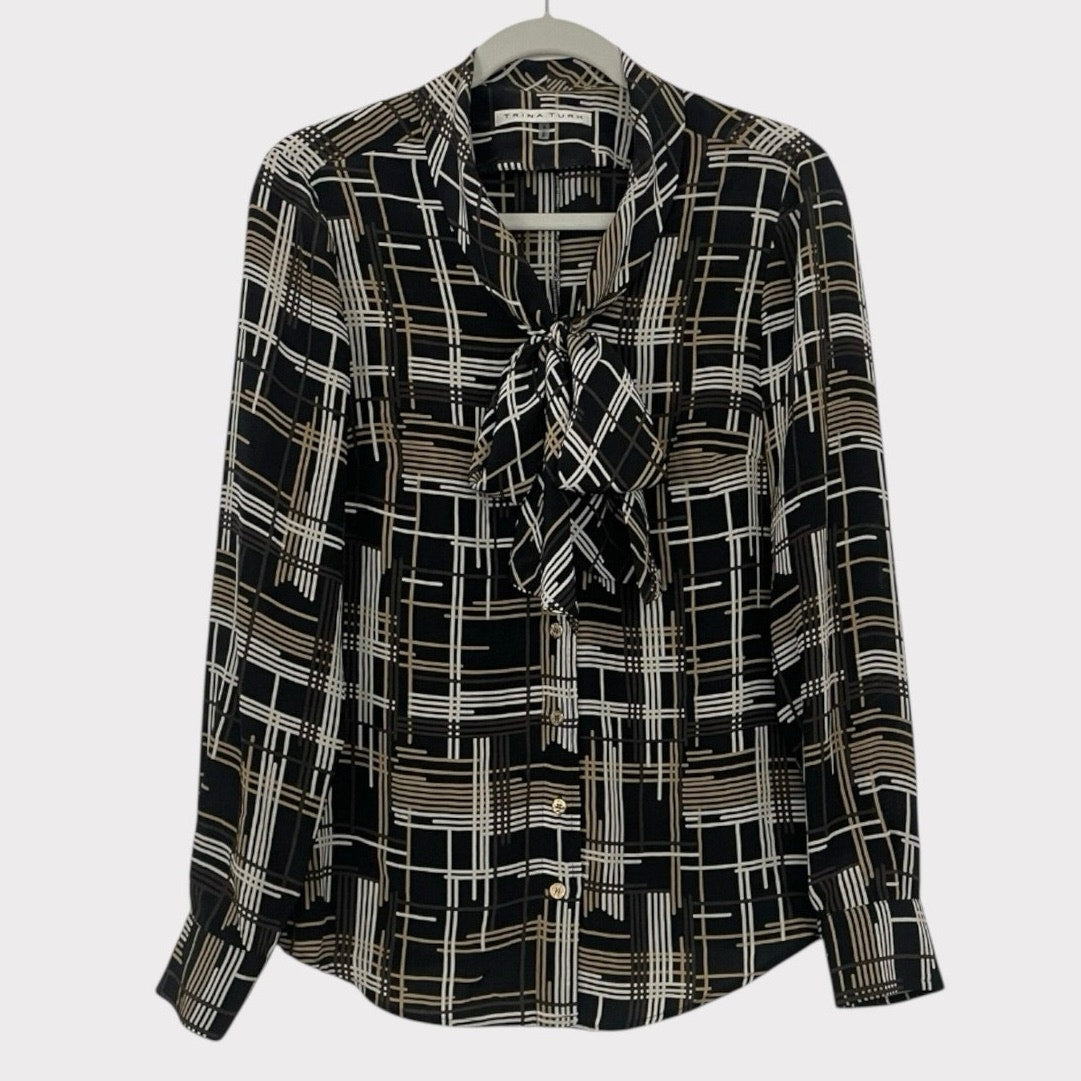 Trina Turk Black & Brown Silk Long Sleeve Button Down Tie Neck Blouse
