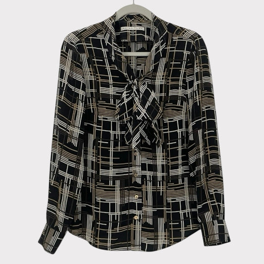 Trina Turk Black & Brown Silk Long Sleeve Button Down Tie Neck Blouse
