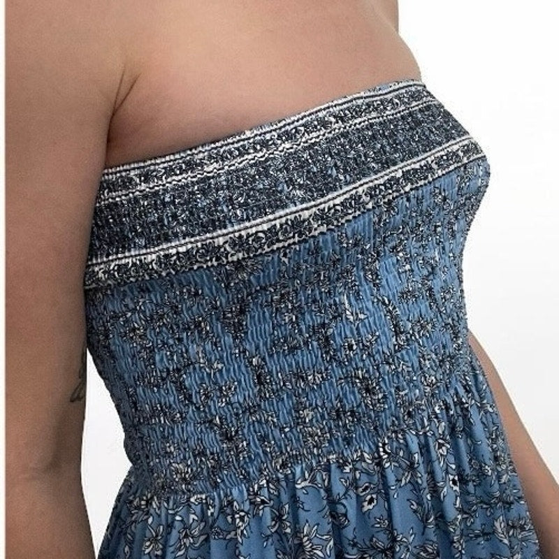Blue Floral Boho Strapless Mini Dress