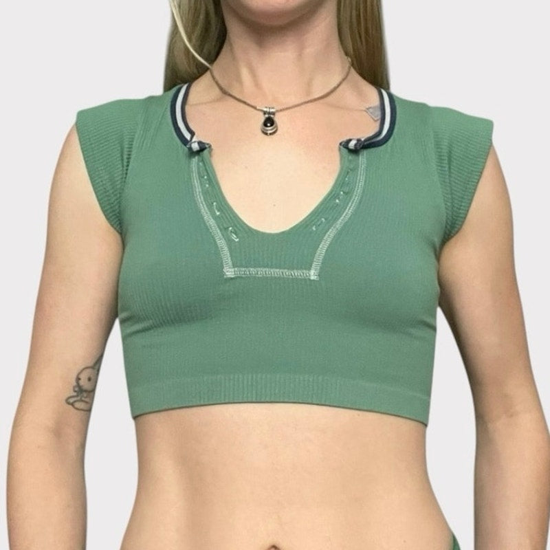 Out From Under Green Ribbed Cropped Short Sleeve V-Neck Top