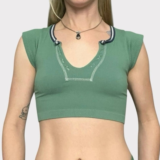 Out From Under Green Ribbed Cropped Short Sleeve V-Neck Top