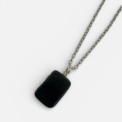 Vintage Abstract Black Iridescent Glass Pendant Silver Chain Statement Necklace