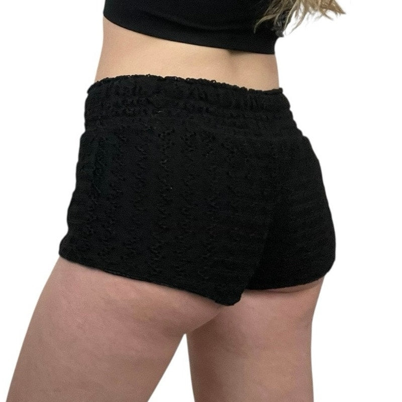No Boundaries Black Lace Crochet Open Knit Cheeky Mini Shorts