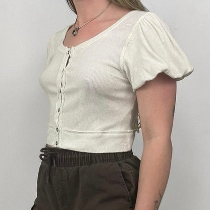 We The Free White Ribbed Button Front Puff Sleeve Cropped Top