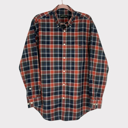 Orvis Mens Blue & Orange Plaid Long Sleeve Button Down Shirt
