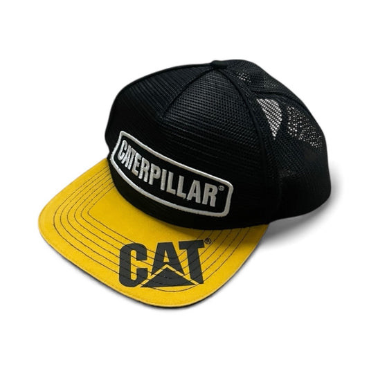 CAT Mens Caterpillar Yellow & Black Mesh Flat Brim Snapback Trucker Hat