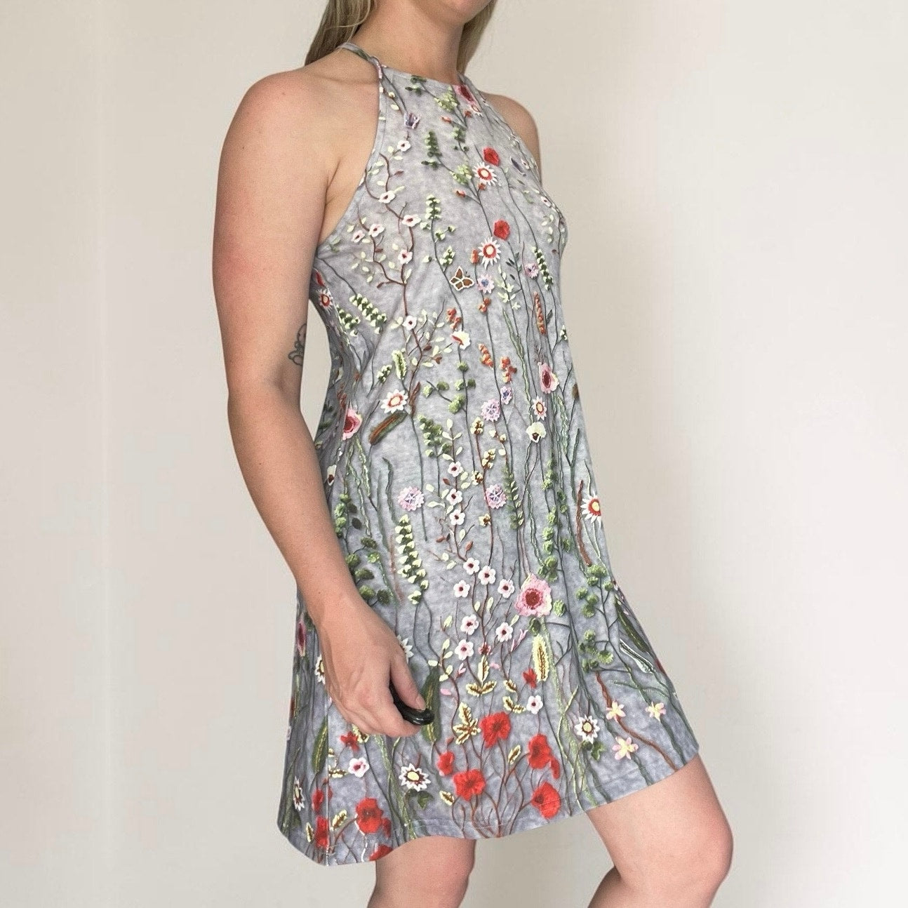 Grey & Red Floral Print Mini Dress