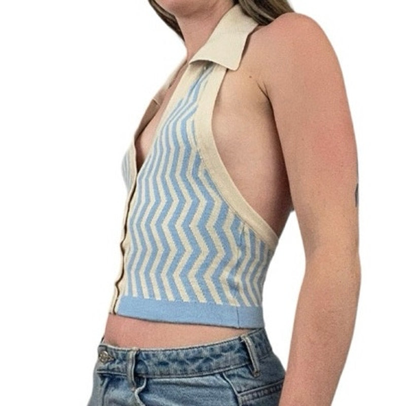 Vintage Blue and Cream Striped Collared Halter Neck Open Back Top