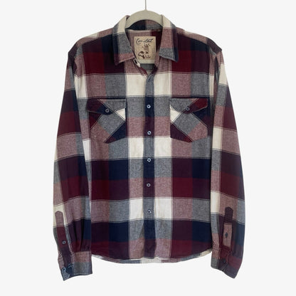 Coastal Mens Red & Navy Plaid Button Down Flannel Shirt