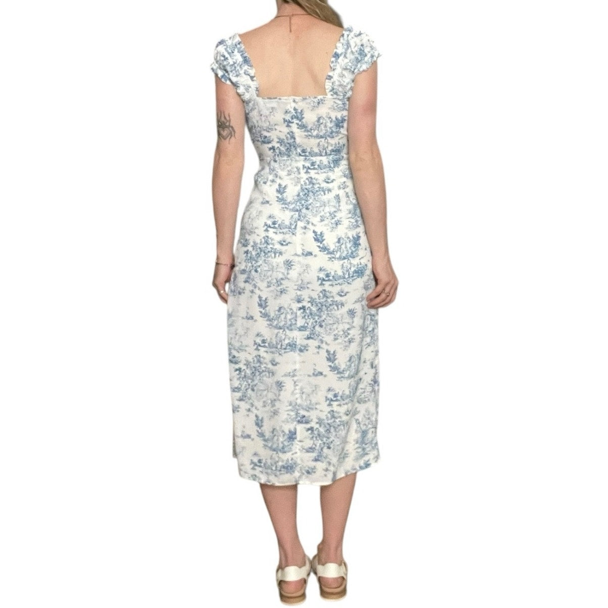 NWOT Cider Blue & White Boho Side Slit Ruffled Sleeve A-Line Midi Dress