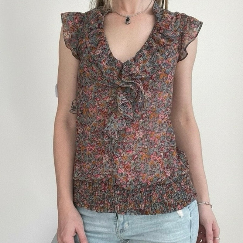 dmbm Sheer Floral V-Neck Ruffled Blouse