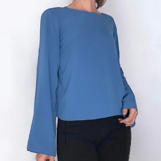 Vince Camuto Vibrant Blue Long Bell Sleeve Cinched Side Lace Up Blouse