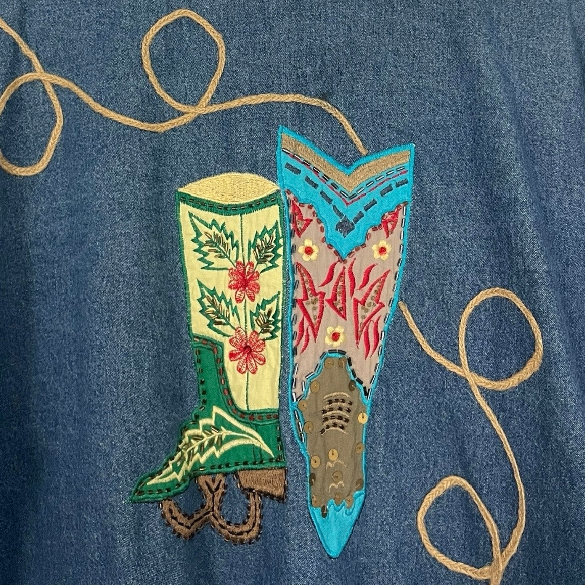 Roaman's Vintage Denim Western Boots Embroidered Button Down Jacket