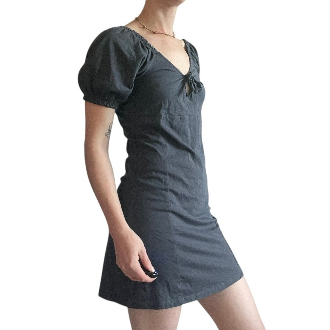 Noisy May Grey Puff Sleeve Tie Front Mini Dress