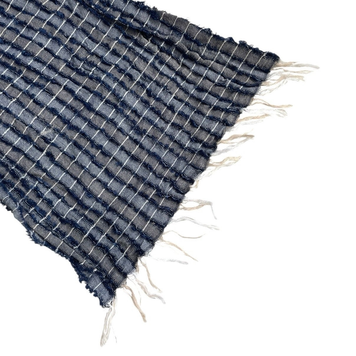 Thin Navy Blue Plaid Textured Fringe Scarf