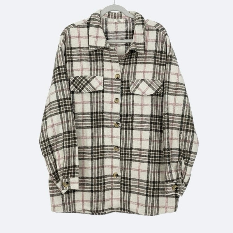 Blushing Brunette Neutral Plaid Button Down Jacket