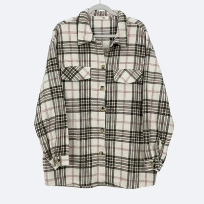 Blushing Brunette Neutral Plaid Button Down Jacket