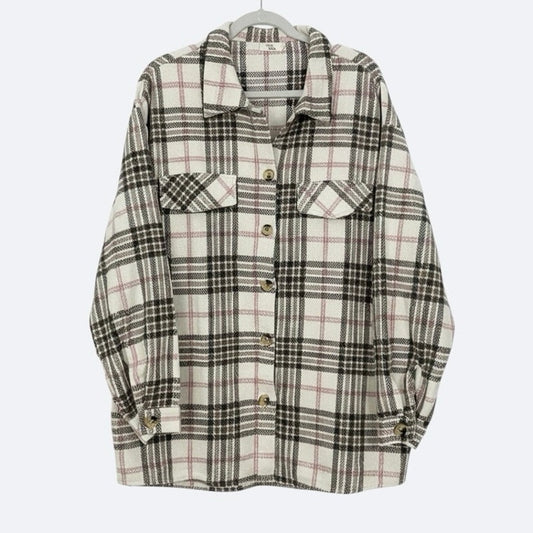 Blushing Brunette Neutral Plaid Button Down Jacket