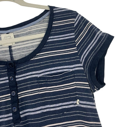 Lucky Brand Navy Blue & White Boho Striped Long Crewneck Top