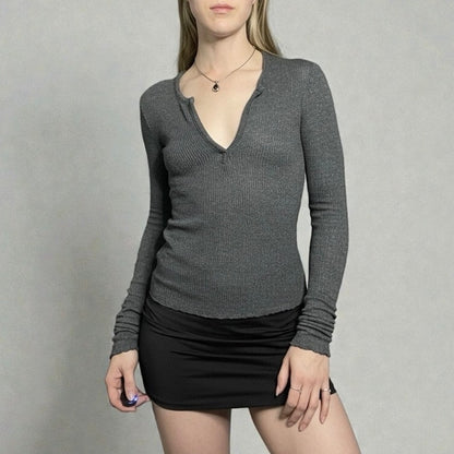 Out From Under Grey Ribbed Long Sleeve V-Neck Top