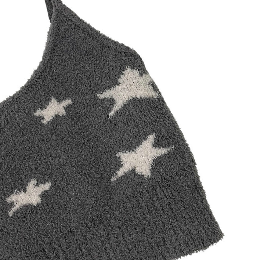 Nue Garage Fuzzy Grey & White Star Print Cropped Knit Tank Top