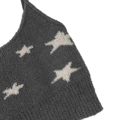 Nue Garage Fuzzy Grey & White Star Print Cropped Knit Tank Top