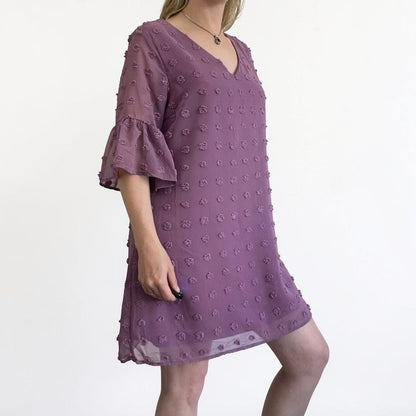 Pink Swiss Dot Sheer Flutter Sleeve V-Neck Mini Dress