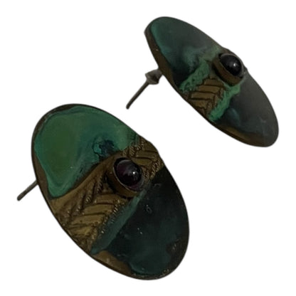 Vintage Green & Gold Circle Round Stud Earrings