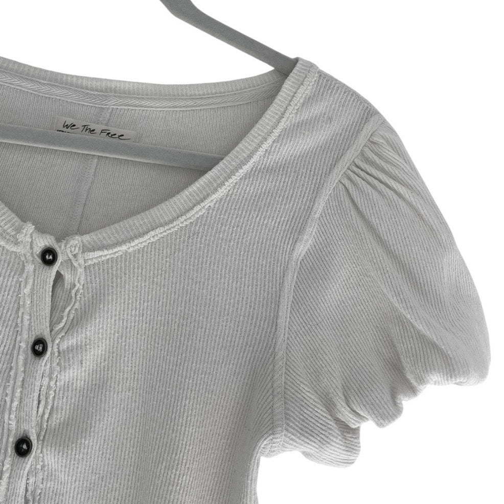 We The Free White Ribbed Button Front Puff Sleeve Cropped Top