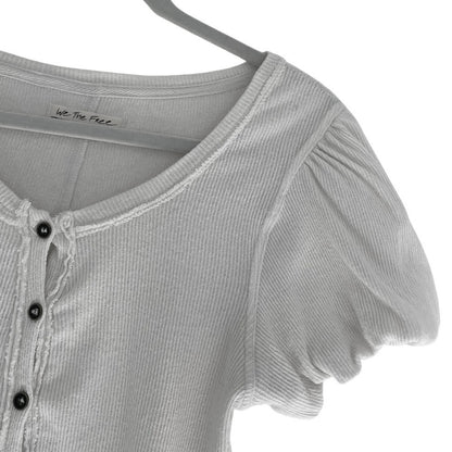 We The Free White Ribbed Button Front Puff Sleeve Cropped Top