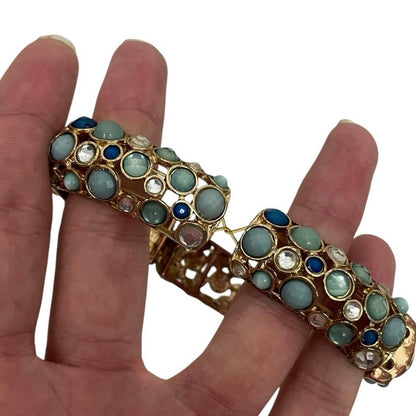 Turquoise Gemstone & Gold Rhinestone Stretch Bracelet