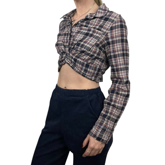 Blush BJ Navy Blue & Red Plaid Cropped Knot Front Button Down Shirt