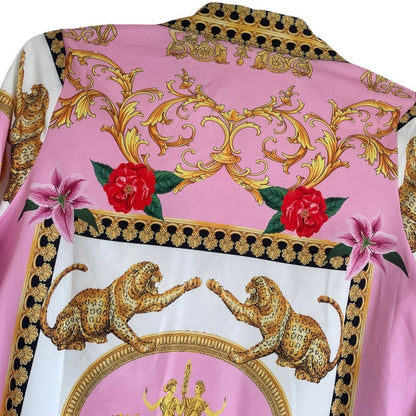 Beautiful Oriental Print Pink Tiger Long Sleeve Button Down Blouse