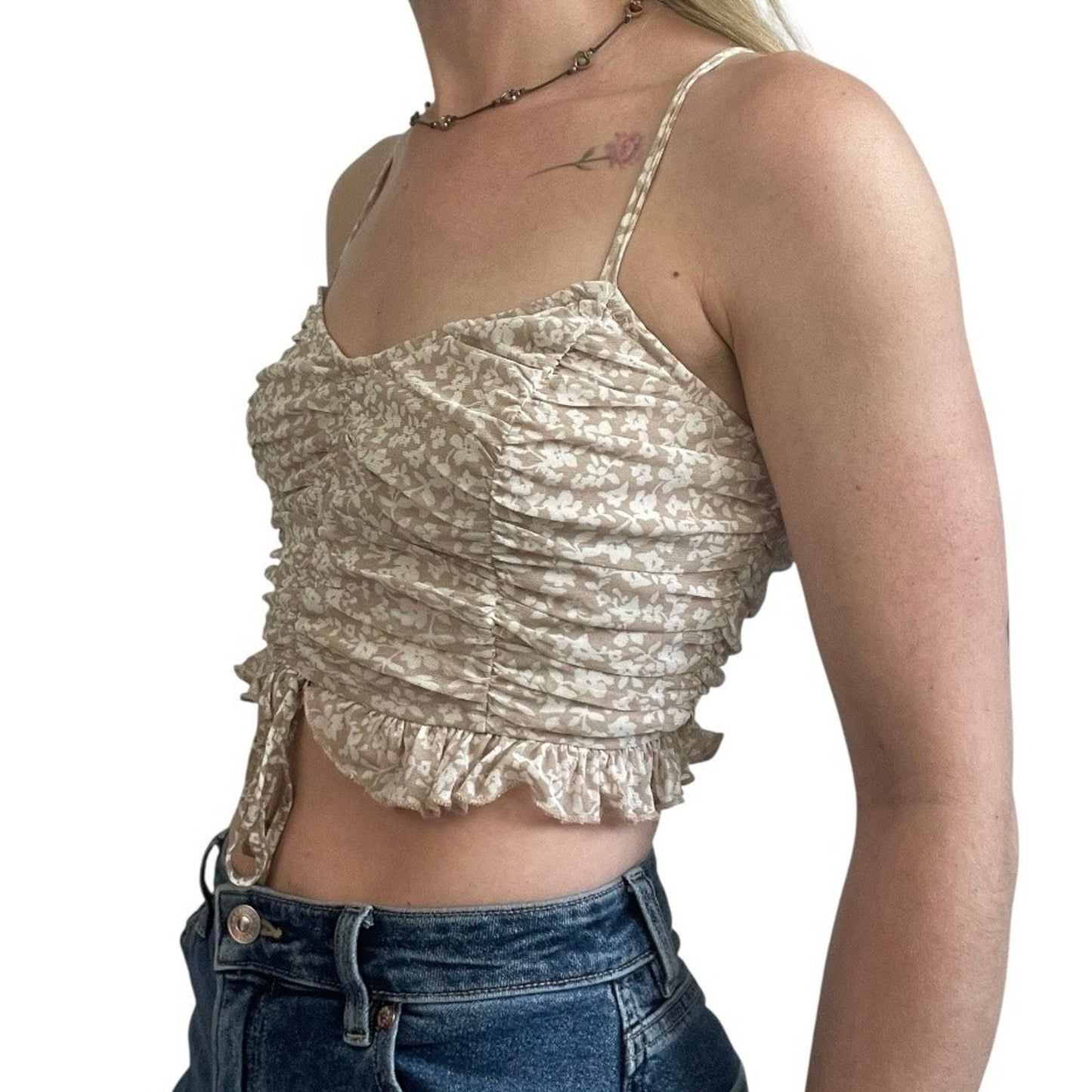 Lelis Floral Ruched Cinched Cropped Tie Front Tank Top