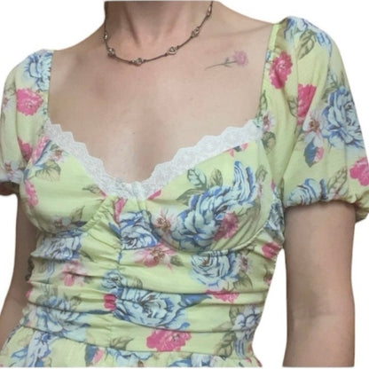 Forever 21 Yellow Floral Puff Sleeve A-Line Ruched Mini Dress