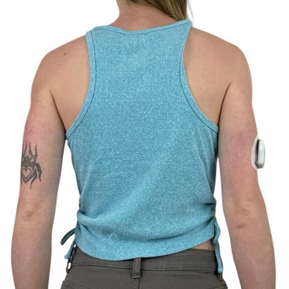 SO Blue Rubbed Cinched Side Cutout Lace Up Tank Top