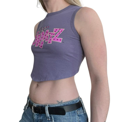 Bratz Purple Graphic Sequin Cropped Cutout Open Tie Back Tank Top