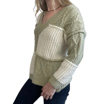 Zara Green & White Color Block Chunky Knit V-Neck Sweater
