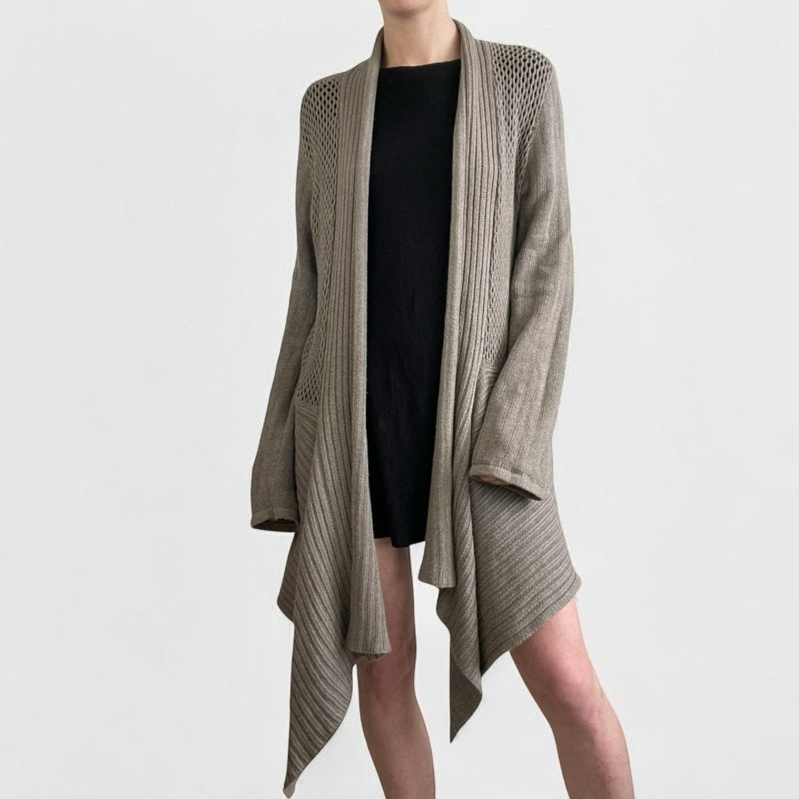 Beige Asymmetrical Knit Long Cardigan Sweater