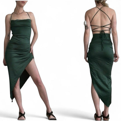 Silky Green Asymmetrical Cinched Halter Neck Open Lace Up Cross Back Dress