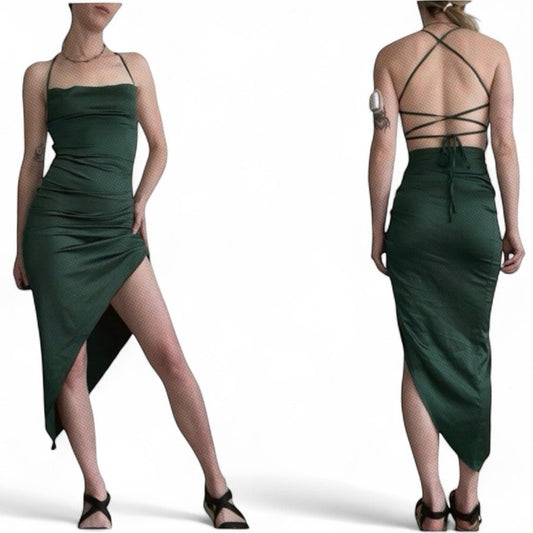 Silky Green Asymmetrical Cinched Halter Neck Open Lace Up Cross Back Dress