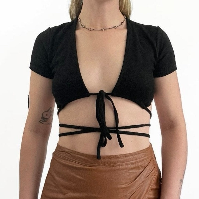 Adika Black Wraparound Tie Front Cropped Top