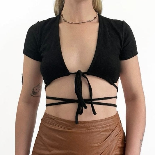 Adika Black Wraparound Tie Front Cropped Top