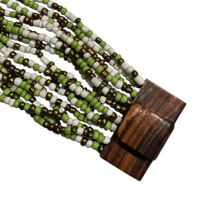 Vintage Green & White Beaded Brown Wooden Clasp Chunky Layered Bracelet
