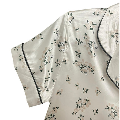 Silky Cream Floral Button Down Pajama Top & Mini Shorts Matching Set