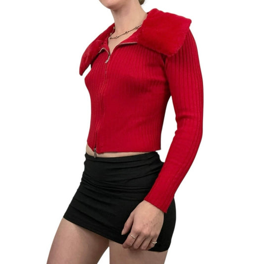 No Boundaries Red Ribbed Zip Up Fur Collar Long Sleeve Top