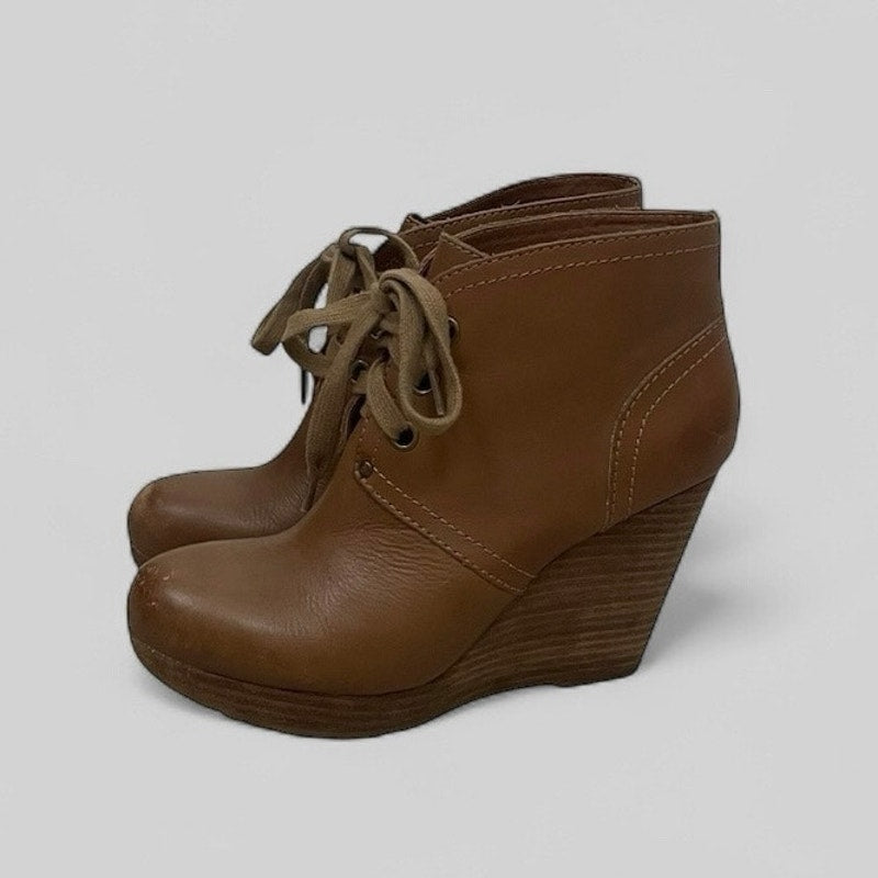 Lucky Brand Brown Leather Wedge Heeled Lace Up Ankle Booties