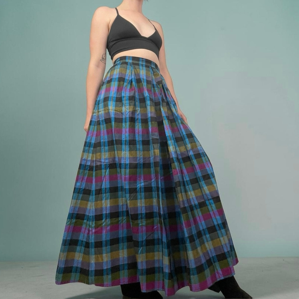 Leo Narducci Vintage Silk Plaid Pleated Maxi Skirt