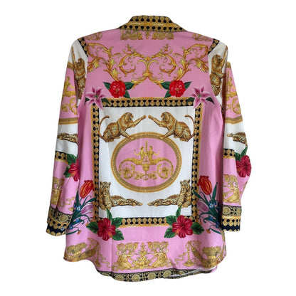 Beautiful Oriental Print Pink Tiger Long Sleeve Button Down Blouse