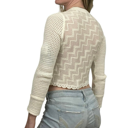 Free People White Lace Trim Sheer Knit Cross Front Sweater